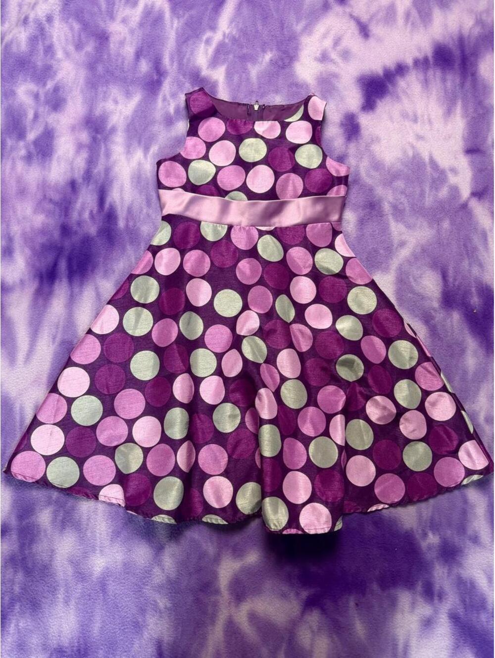 Ashley Ann purple and grey polka dot dress with a bow in the back